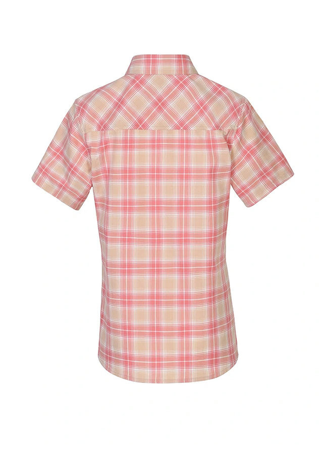 Back view of a womens summer pink plaid short sleeves shirt
