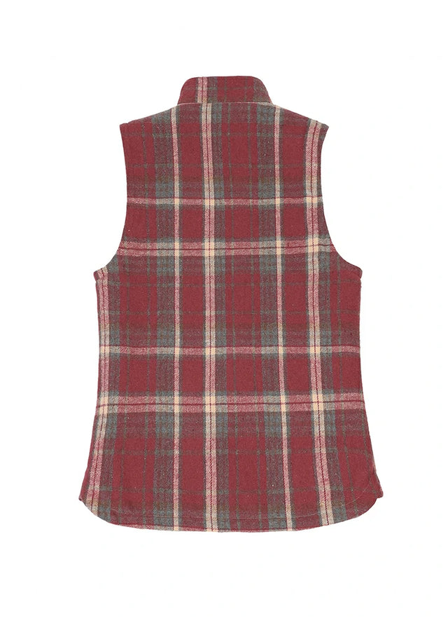 Back view of a womens purple winter warm snap button plaid vest