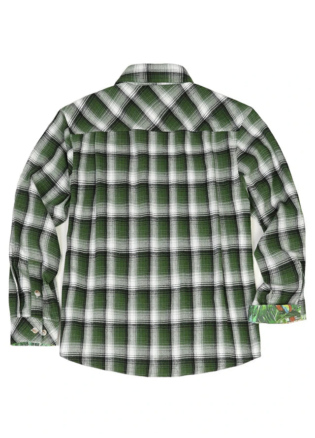 Back view of men's forest green plaid flanne shirt