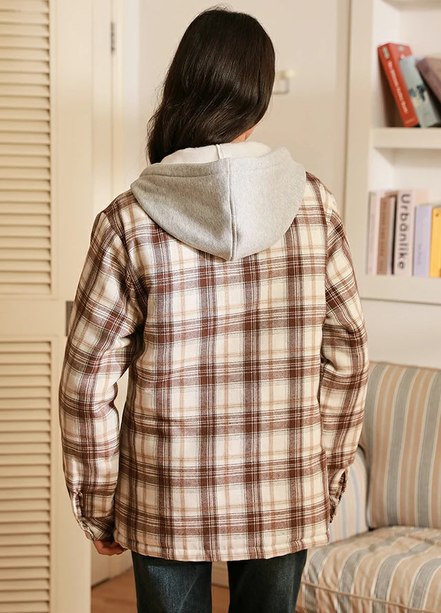 Back view of women in a coffee warm flannel hooded with snap button