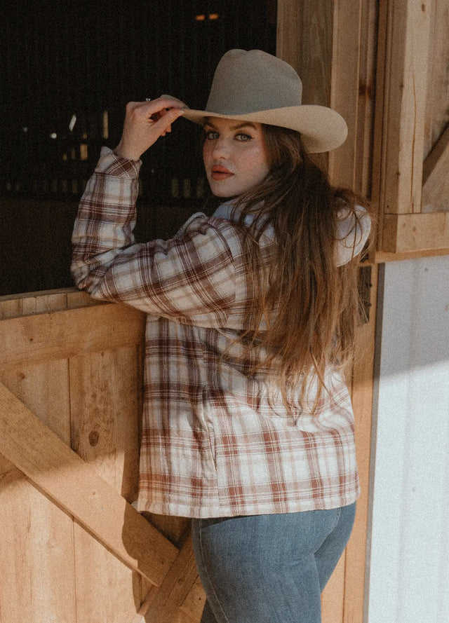 Back view of women in a coffee warm flannel hooded with snap button