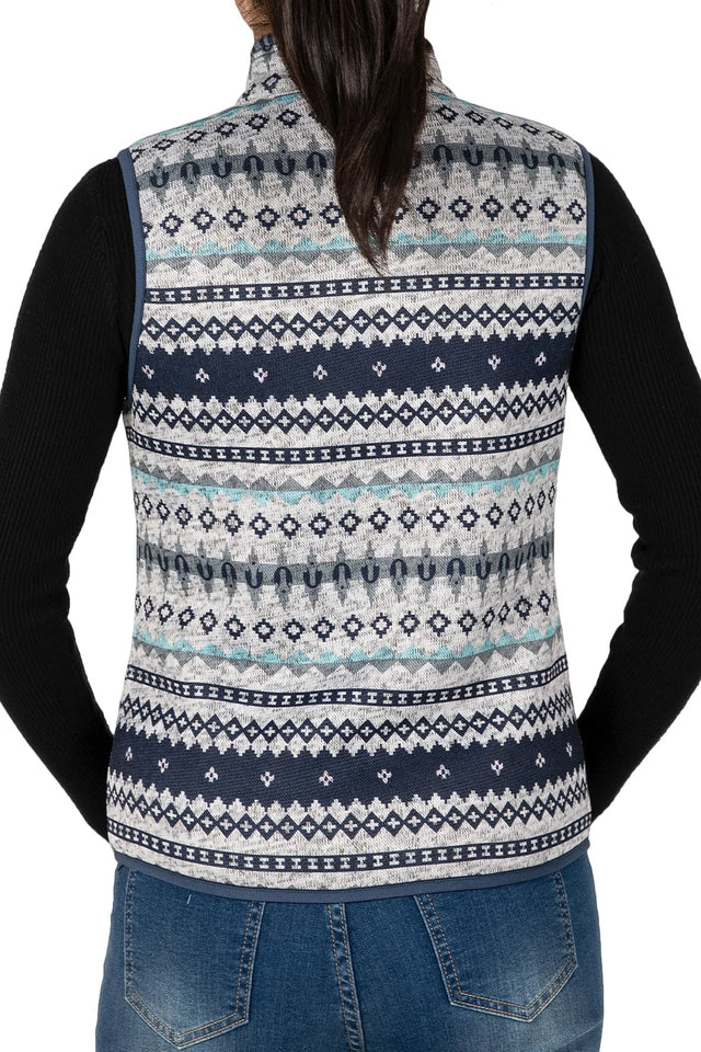 Back view of women in a gray multicolor sherpa-lined fleece vest