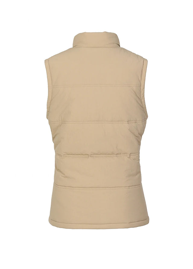 Back view of women in a khaki full-zip lightweight puffer vest