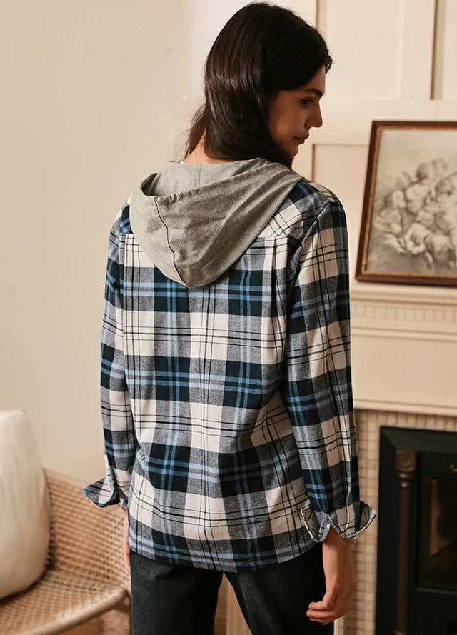 Back view of women in a long sleeves white blue plaid flannel hooded