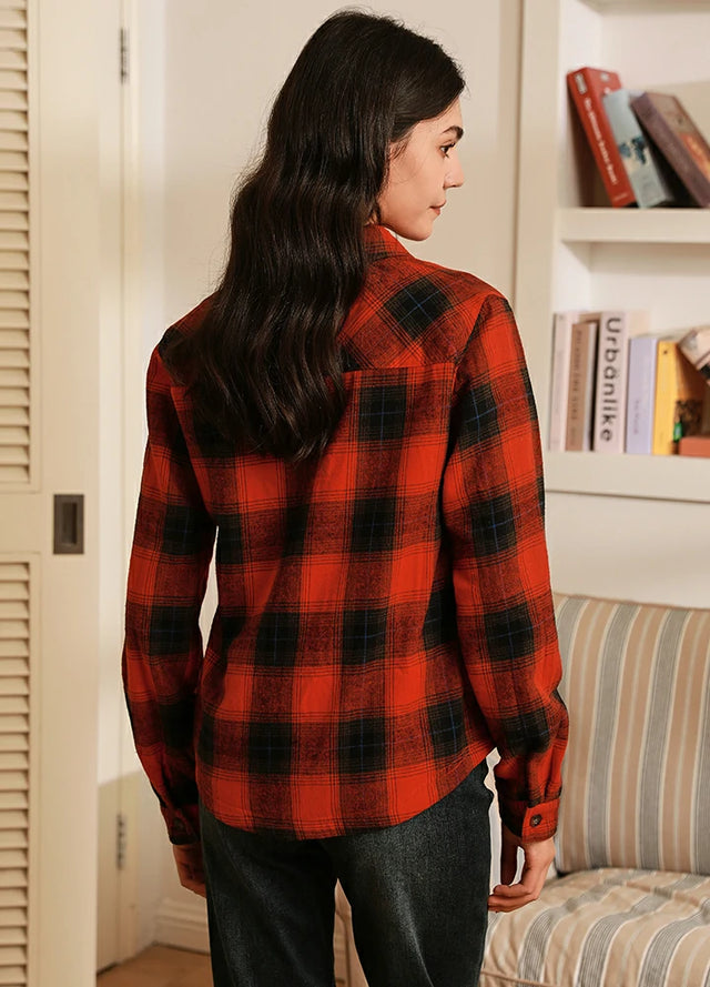 Back view of women in a warm dark red fleece-lined flannel shacket