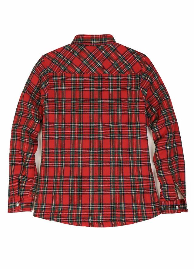 Back view of women in a winter warm red plaid flannel plaid jacket