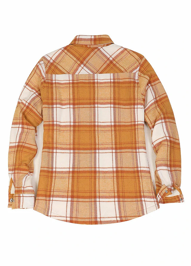 Back view of women in a winter warm yellow plaid flannel plaid jacket