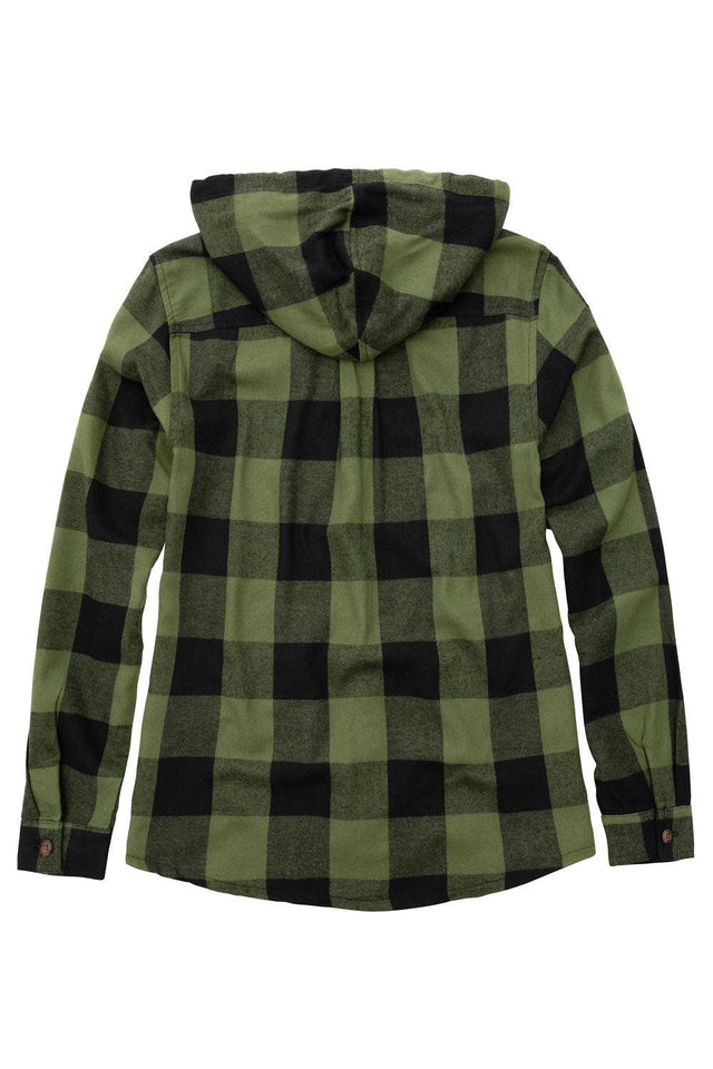 Back view of women's army green flannel plaid shirt hoodie with long sleeves