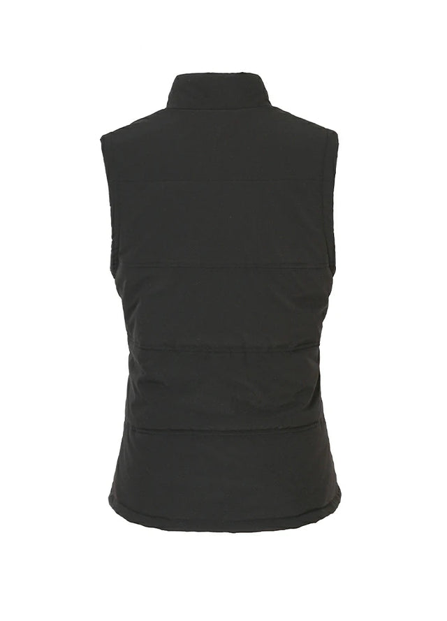 Back view of women's black water repellent lightweight cozy puffer vest