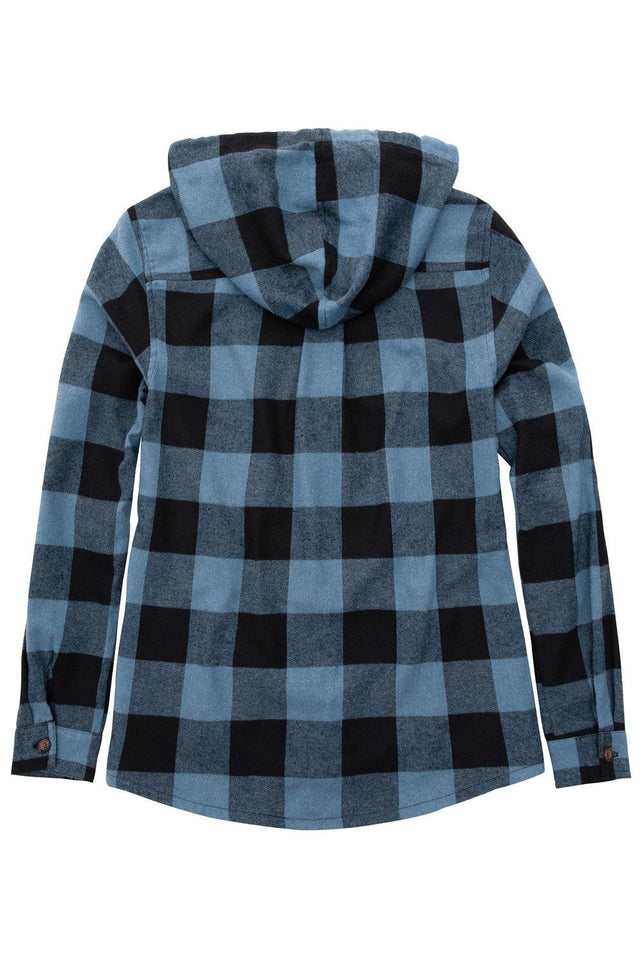 Back view of women's blue black flannel plaid shirt hoodie with long sleeves