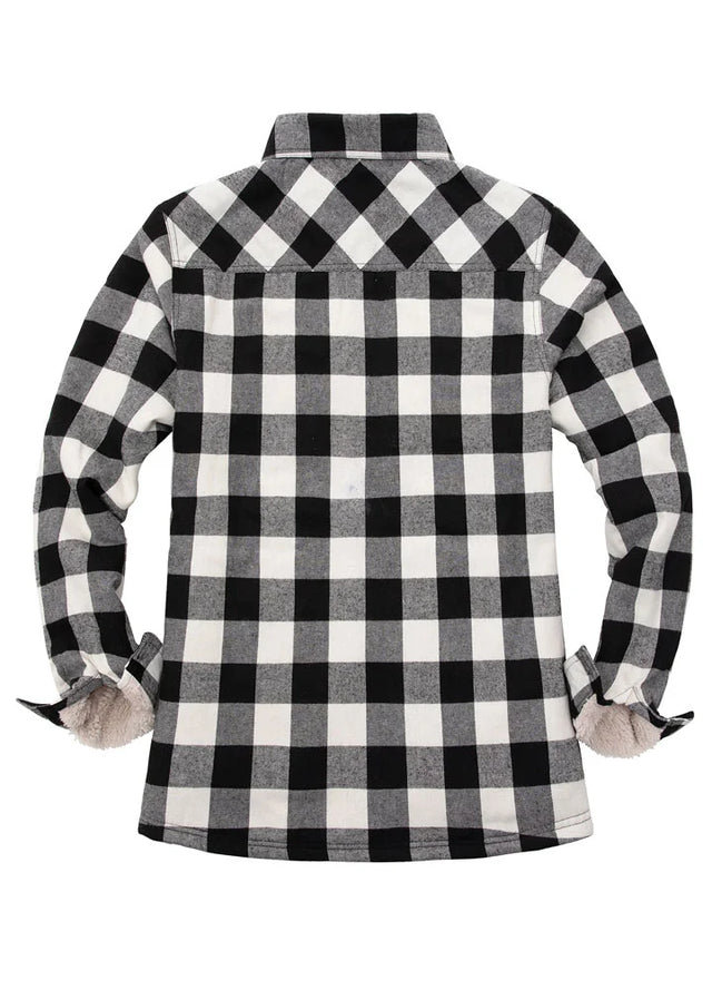 Back view of women's buffalo black white sherpa lined flannel shirt jacket