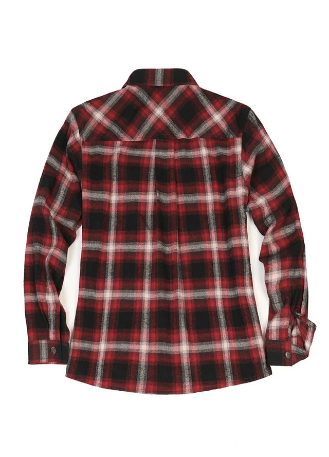 Back view of women's burgundy long sleeves flannel plaid shirt