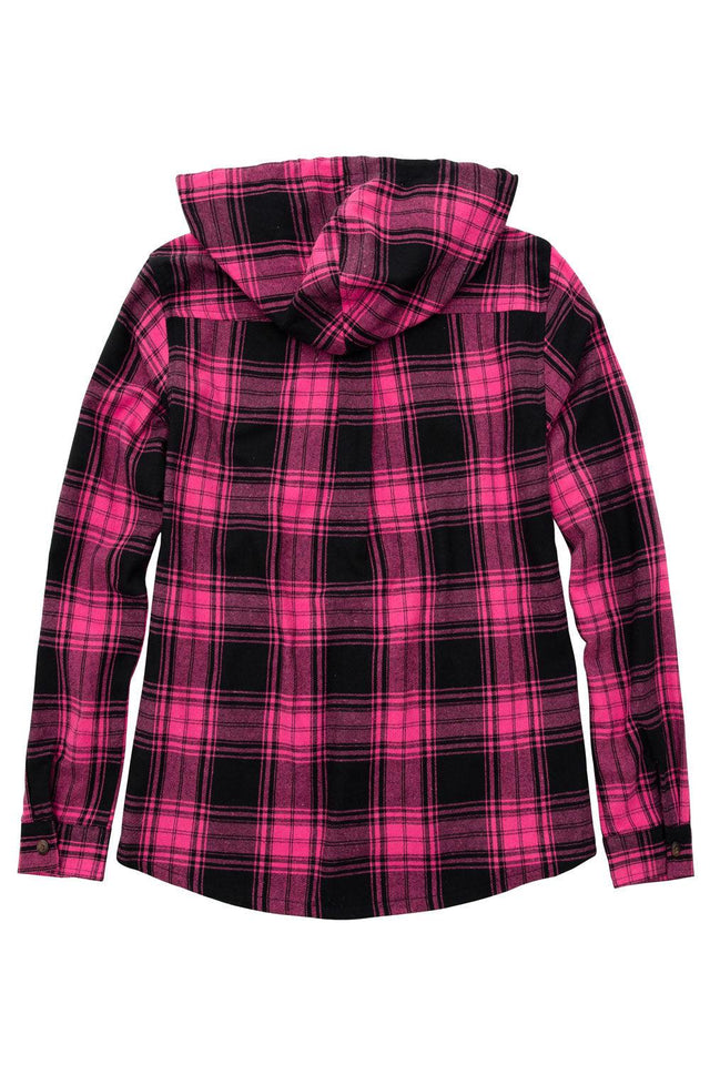 Back view of women's button up flannel plaid shirt hooded with long sleeves