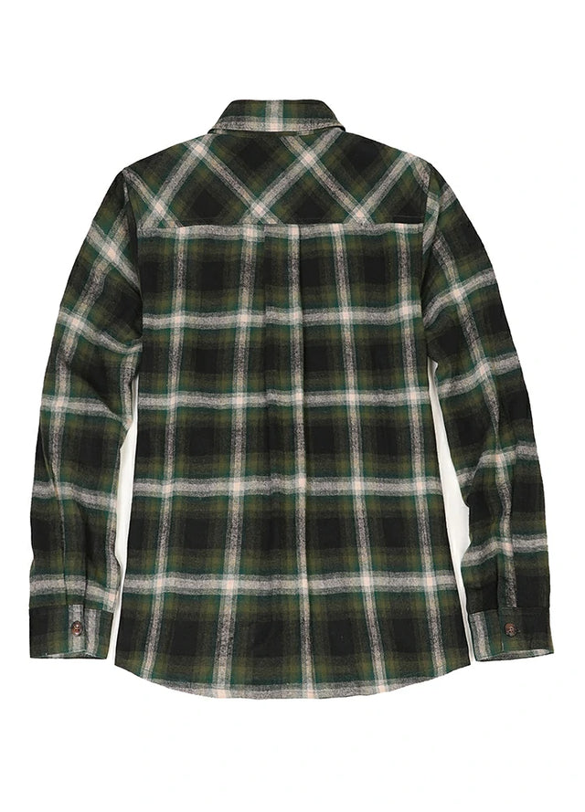 Back view of women's dark green long sleeves autumn flannel plaid shirt