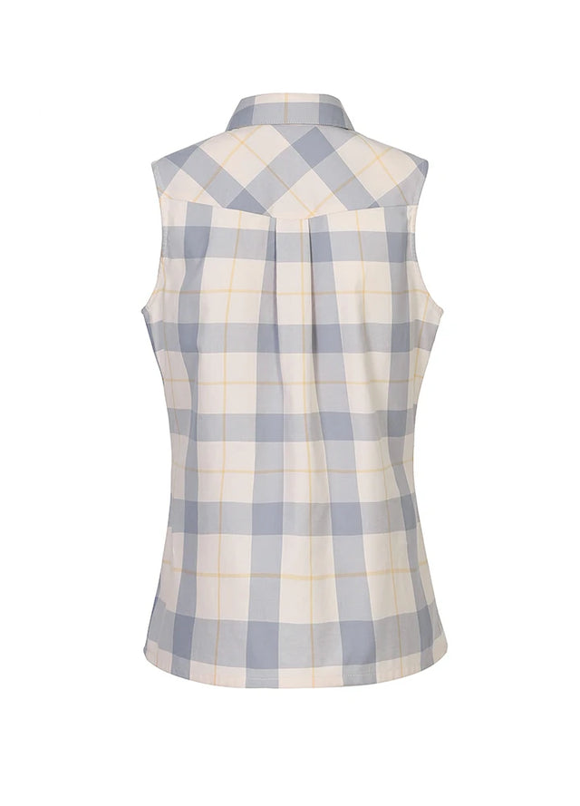 Back view of women's gray and white summer cotton plaid vest with pocket