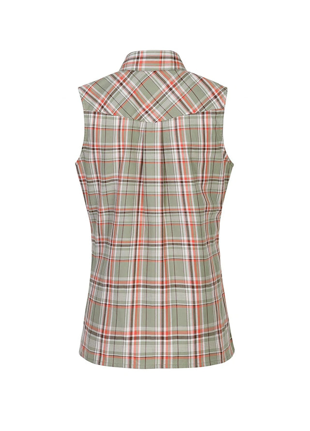 Back view of women's teal green cotton plaid vest