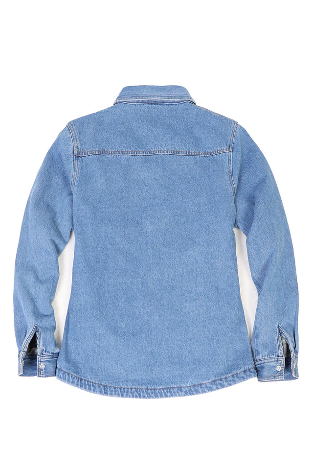 Back view of women's light blue denim shirt jacket with flannel-lined