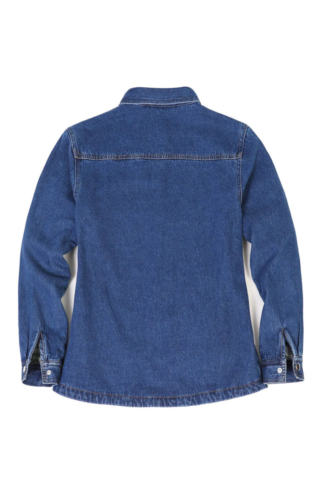 Back view of women's blue denim shirt jacket with flannel-lined