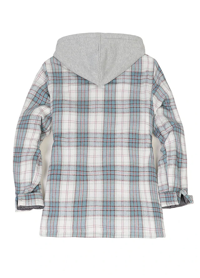 Back view of women's white and blue quilted-lined flannel jacket with chest pockets