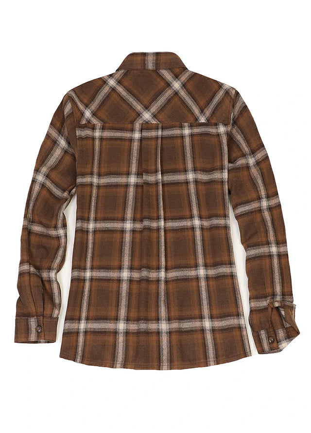 Back view of women's brown long sleeves autumn flannel plaid shirt