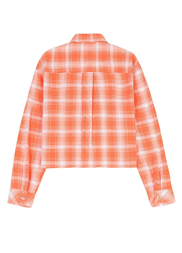 Back view of women's orange cropped cotton flannel shirt