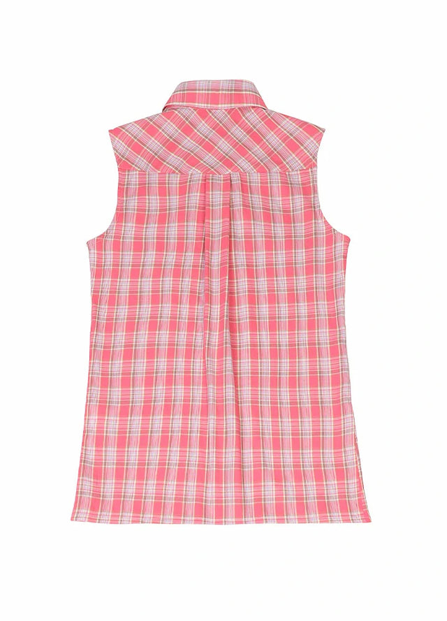 Back view of women's pink cotton plaid summer flannel vest