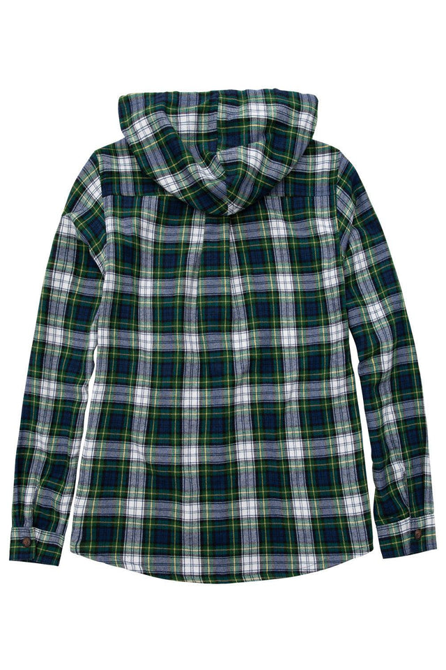 Back view of women's green plaid flannel plaid shirt hoodie with long sleeves