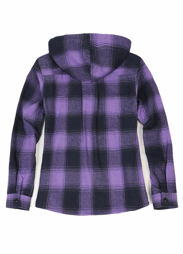 Back view of women's purple flannel plaid shirt hooded with long sleeves