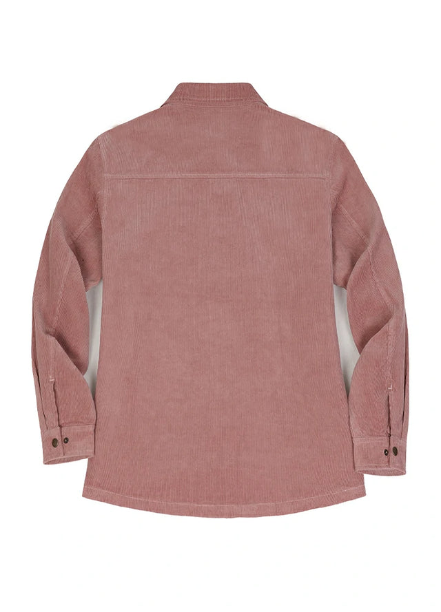 Back view of women's pink quartz flannel-lined corduroy shirt jacket