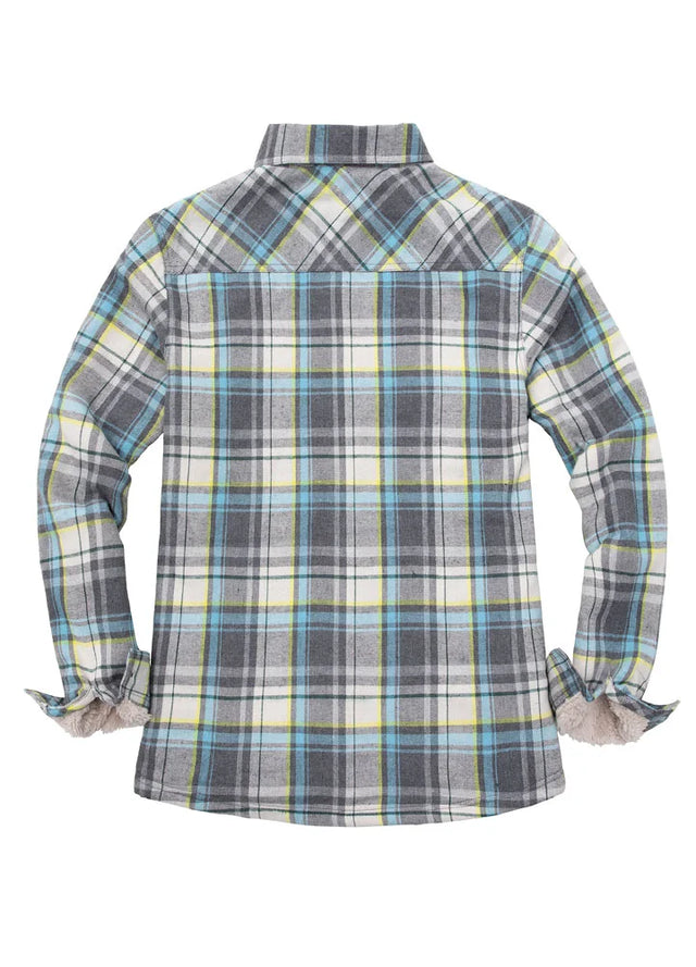 Back view of womens gray and white plaid long-sleeves flannel jacket with sherpa-lined