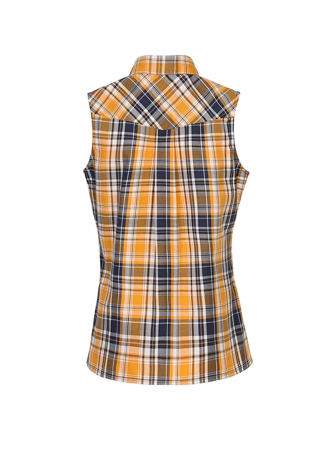 Back view of women's black and yellow plaid flannel vest