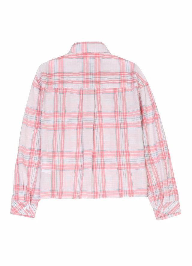Back view of womens light pink cropped summer flannel shirt