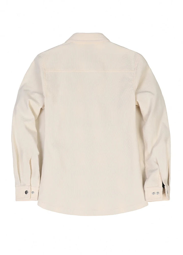 Back view of womens cream long-sleeve corduroy shacket