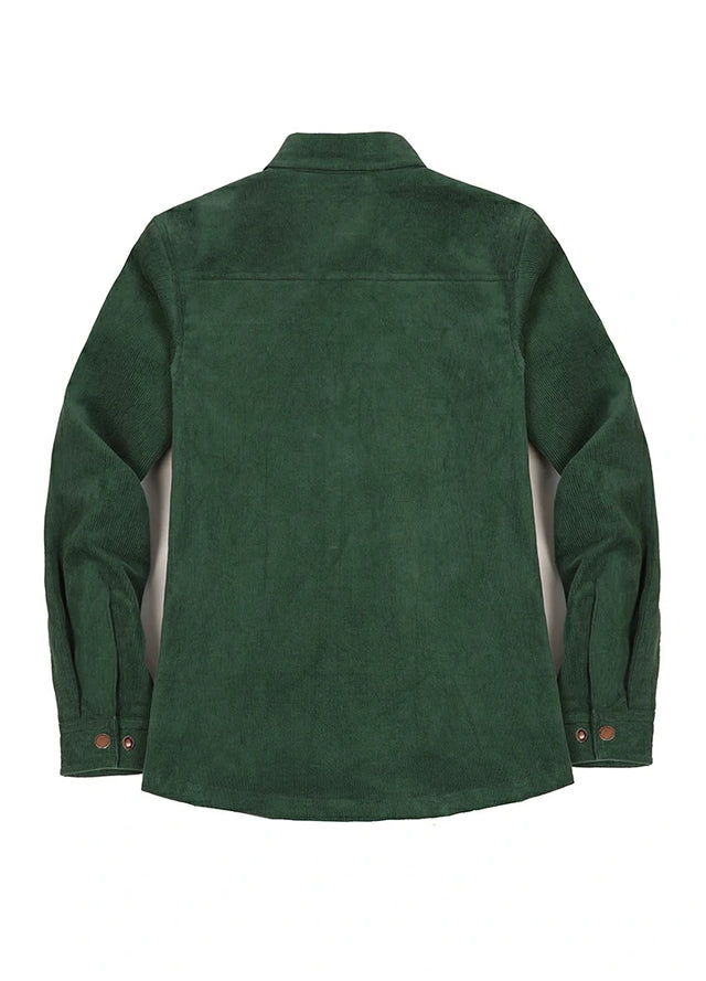 Back view of womens dark green flannel-lined corduroy shirt jacket