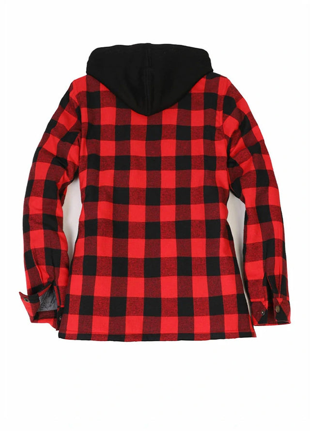 Back view of womens red black plaid winter quilted-lined plaid flannel jacket