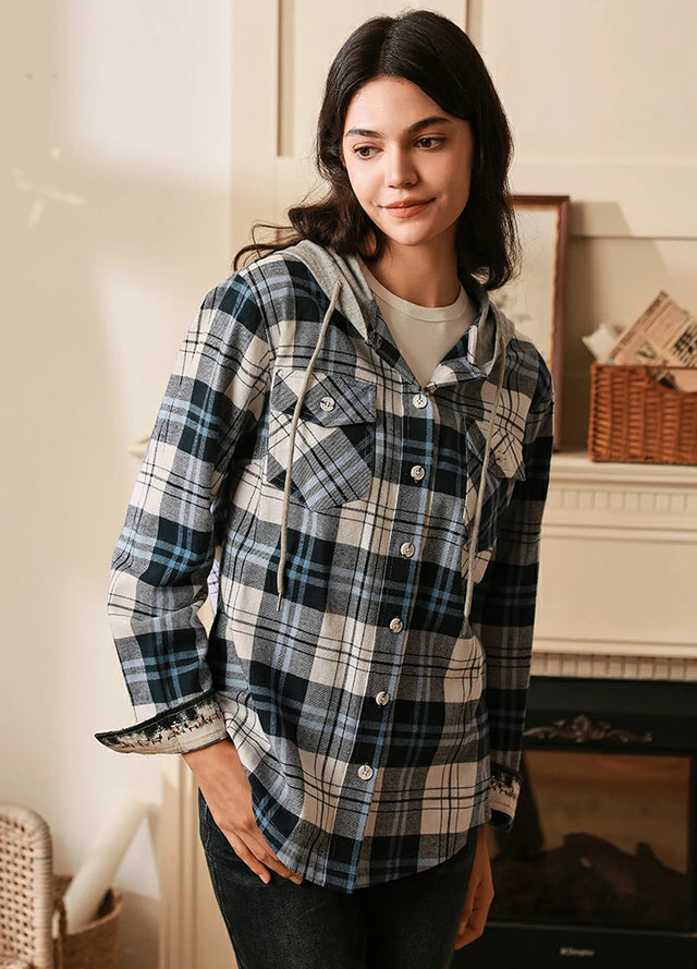 Button up cozy white blue plaid flannel plaid shirt hooded for women