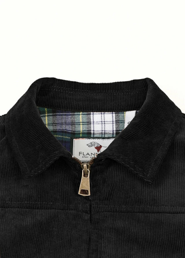 Close-up of women's black flannel-lining warm corduroy jacket collar