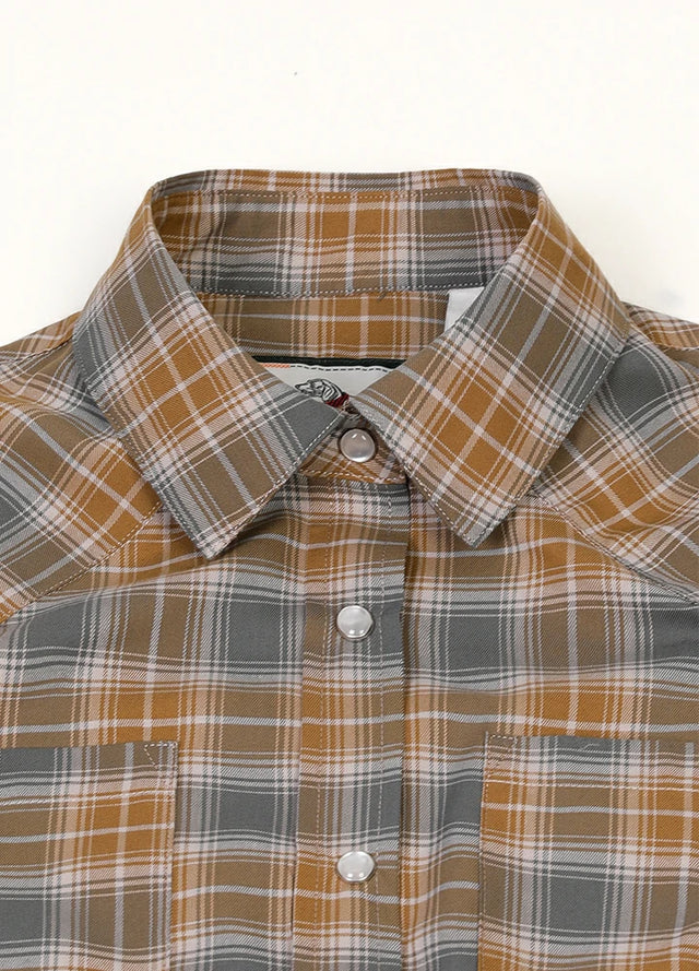 Close-up of women's brown gray plaid short-sleeves cozy shirt collar