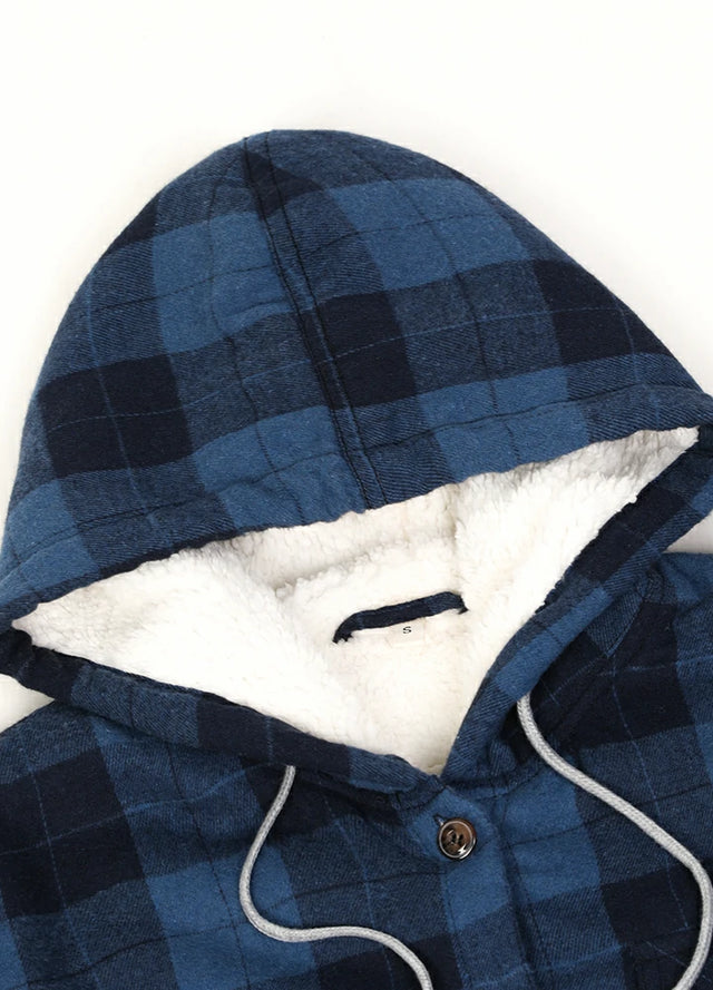 Close-up of women's black and blue flannel plaid hooded jacket hood