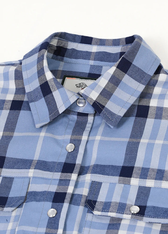 Close-up of women's chest pocket pearl snap blue plaid vest collar