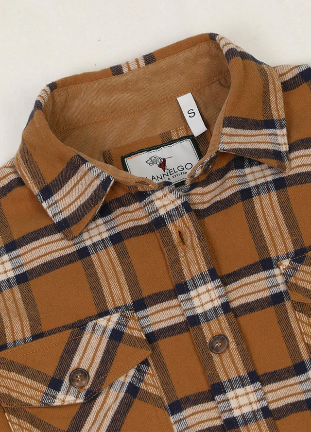 Close-up of women's corduroy trim brown plaid flannel shirt collar