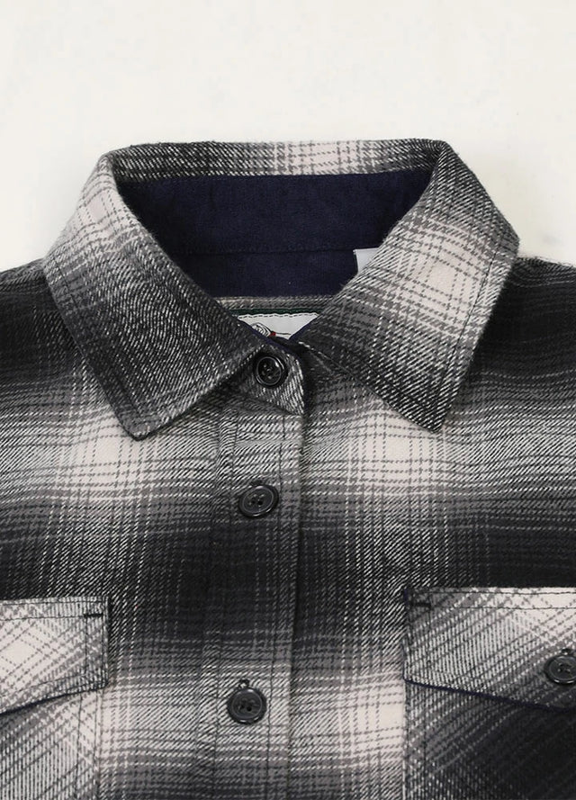 Close-up of women's corduroy trim gray white plaid flannel shirt collar
