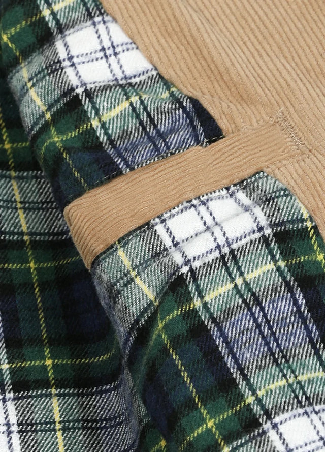 Close-up of women's khaki flannel-lined corduroy jacket inner pocket