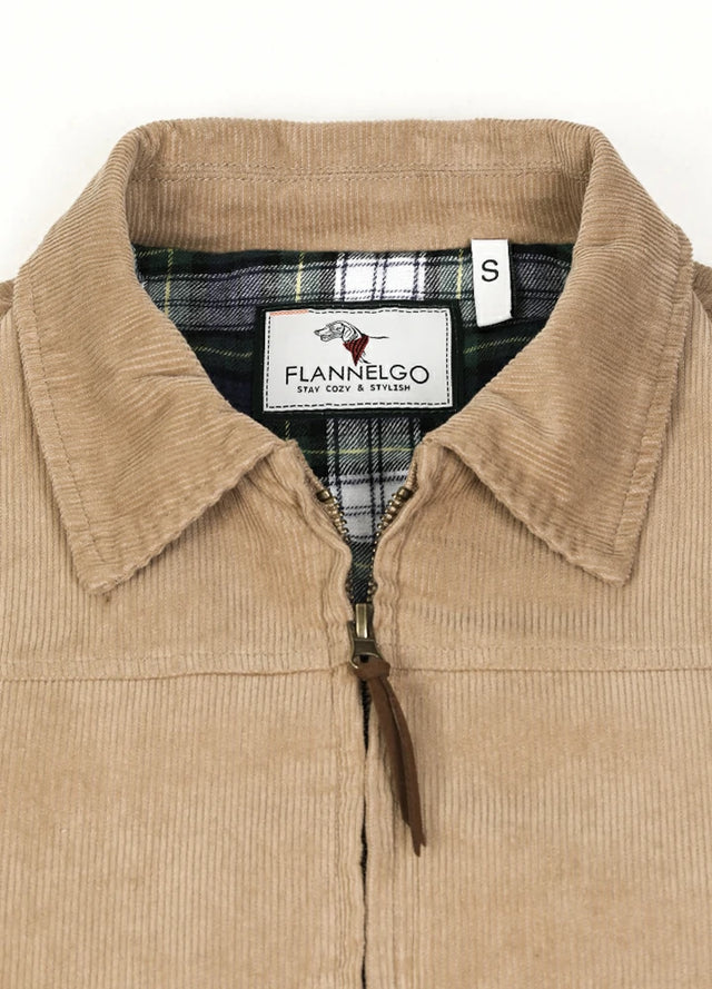 Close-up of women's khaki flannel-lining warm corduroy jacket collar
