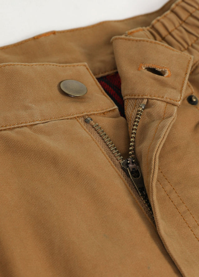 Close-up of women's khaki flannel lining pant button fly