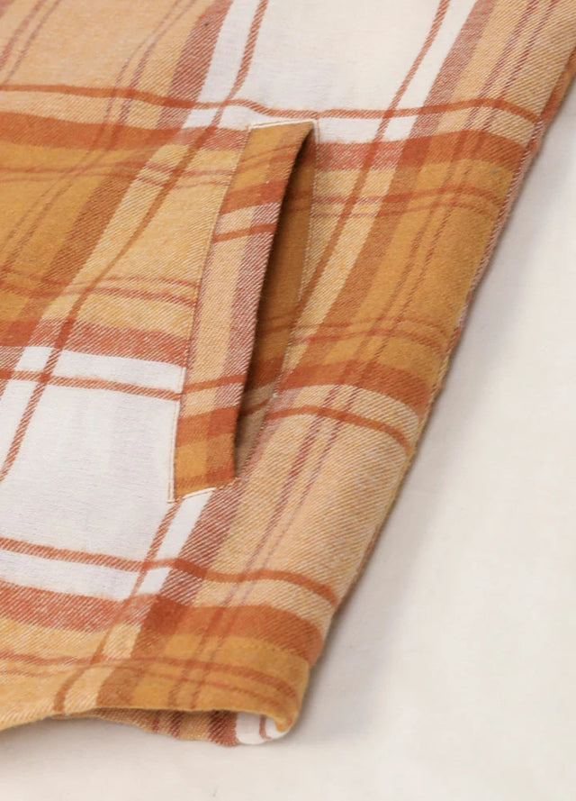 Close-up of women's yellow plaid sherpa lined shirt jacket hand pocket