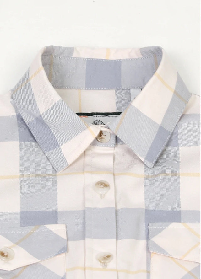 Close-up of women's gray and white summer cotton flannel vest collar