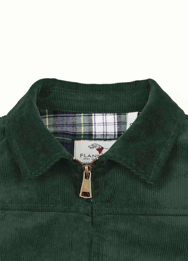 Close-up of women's dark green flannel-lining warm corduroy jacket collar