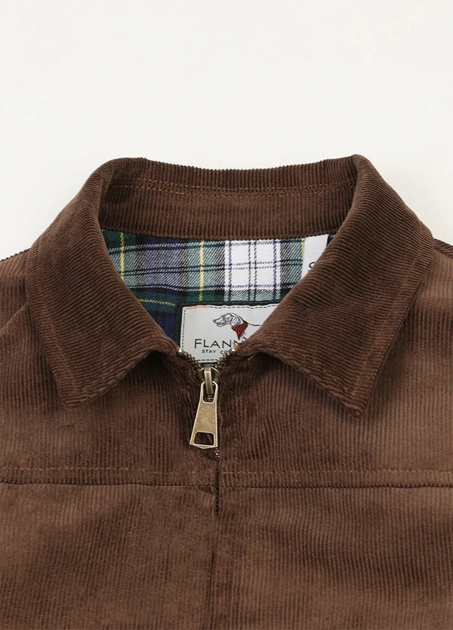 Close-up of women's vintage brown flannel-lining warm corduroy jacket collar