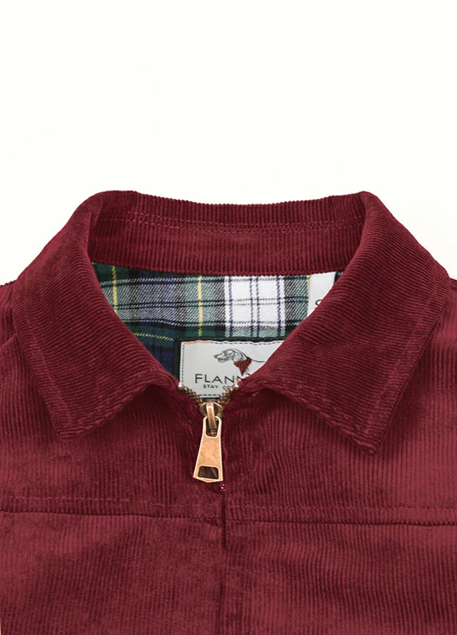 Close-up of women's burgundy flannel-lining warm corduroy jacket collar